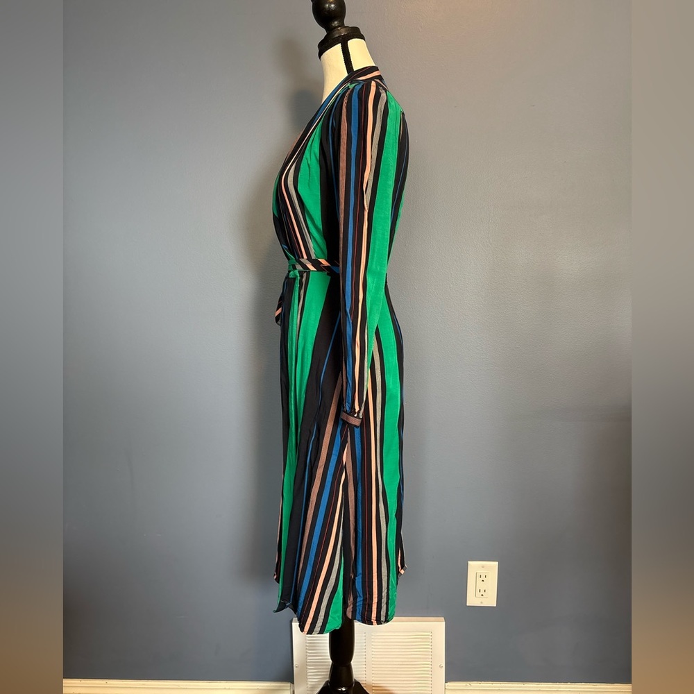 Navy Pinstriped Wrap Midi Dress w/ Belt | Deep V | Long Sleeve | XS - Picture 7 of 10